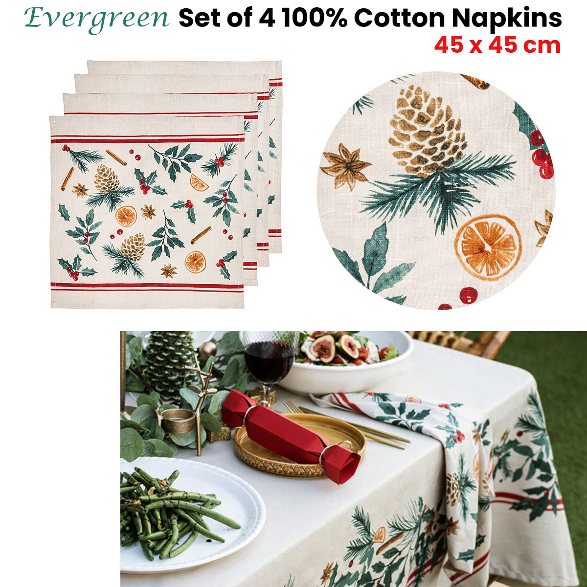 Ladelle Set of 4 Evergreen 100% Cotton Napkins 45 x 45 cm V442-LDE-MISC-SETOF4EVERGREENNAPKINS-GREEN-SQ