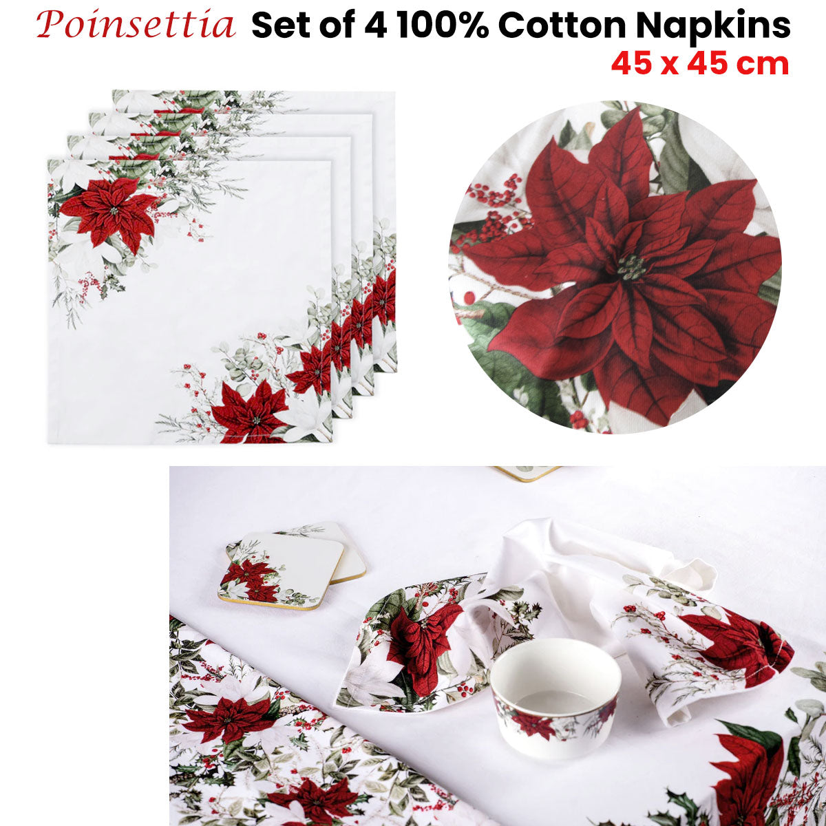 Ashdene Set of 4 Poinsettia 100% Cotton Napkins 45 x 45 cm V442-LDE-MISC-SETOF4POINSETTIANAPKINS-MULTI-SQ