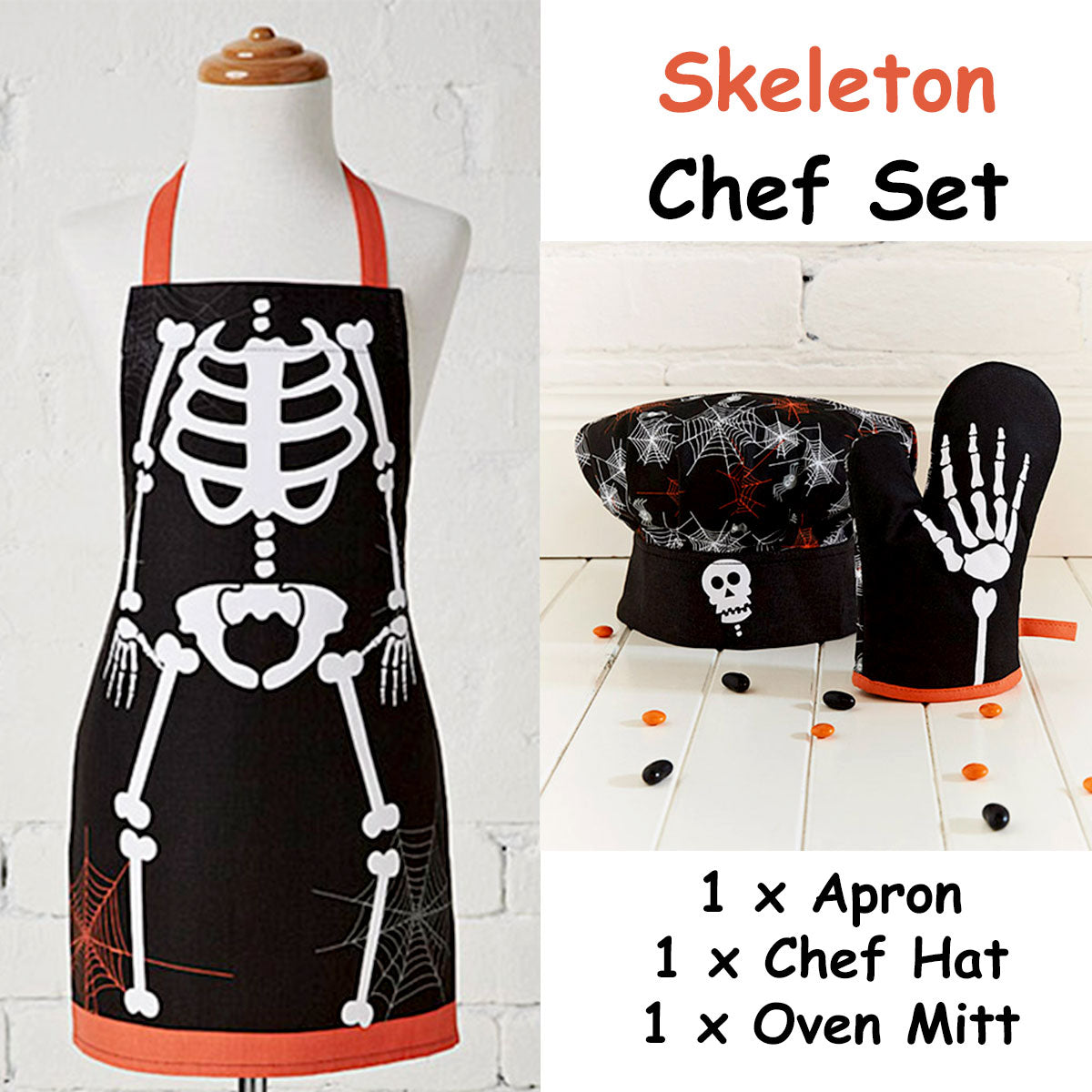 Cubby House Kids Set of 3 Skeleton Halloween Children Kids Kitchen Chef Set V442-LDE-MISC-SKELETONSETOF3-BLACK-SH