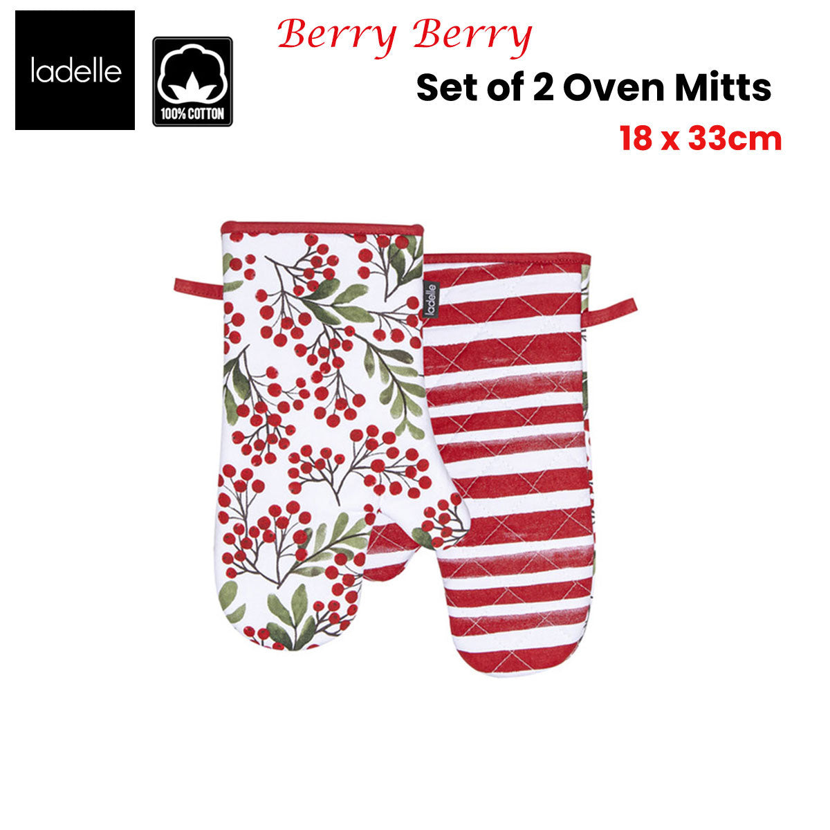 Ladelle Berry Berry Christmas Set of 2 Oven Mitts 18 x 33 cm V442-LDE-OVENM-BERRYBERRYSETOF2-RED-SH