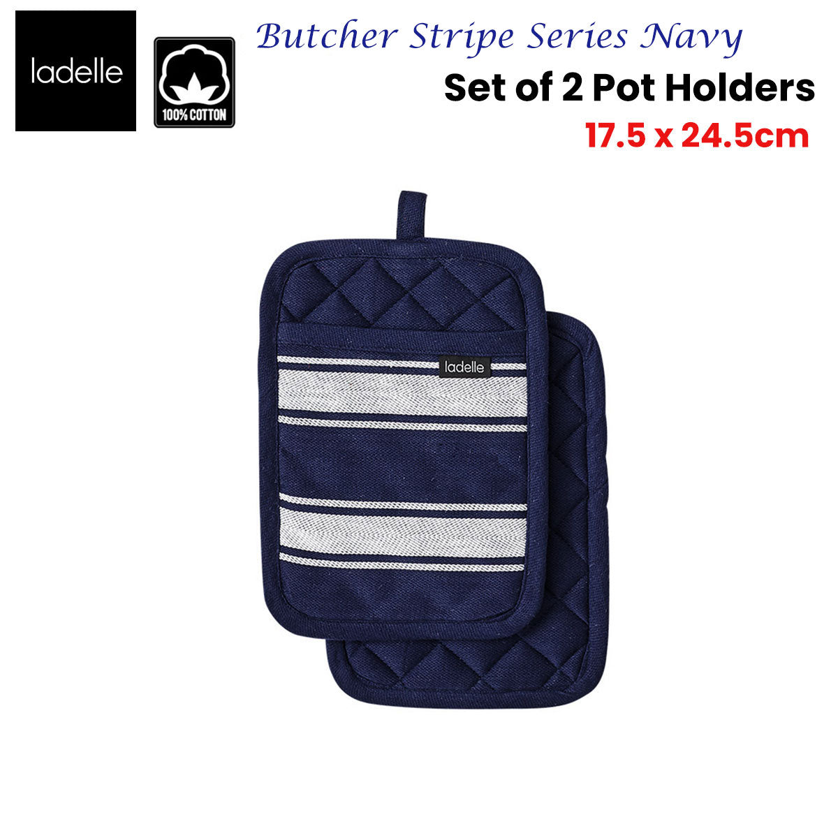 Ladelle Butcher Stripe Series Navy Set of 2 Pot Holders 17.5 x 24.5cm V442-LDE-OVENM-BUTCHERSTRIPE2POTHOLDER-NAVY-RE