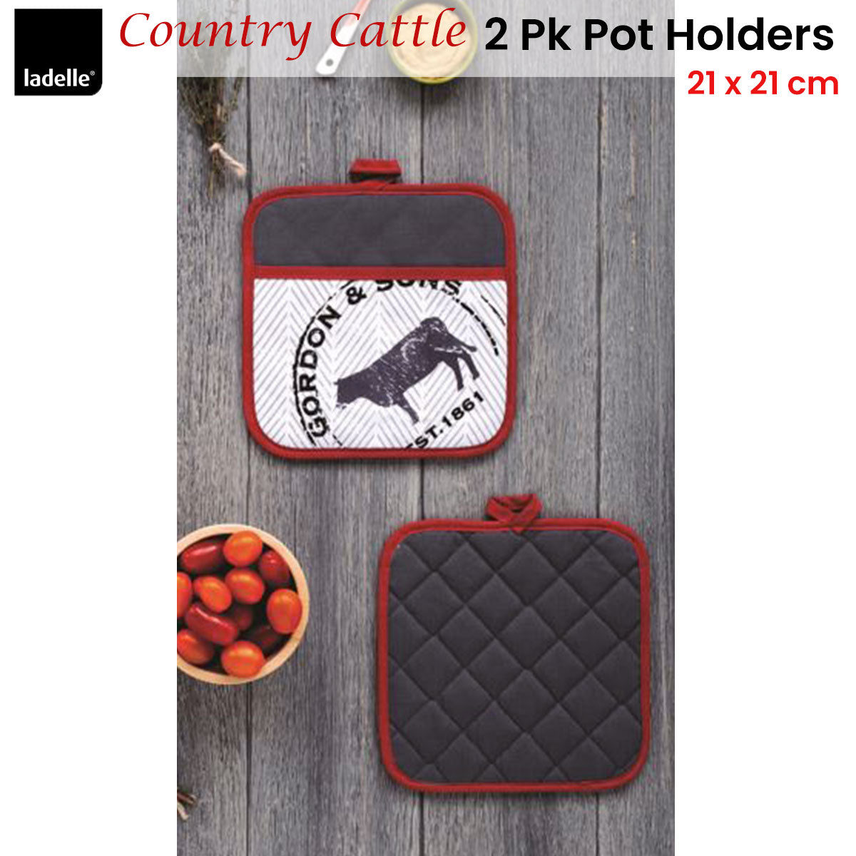 Ladelle Country Cattle Set of 2 Pot Holders 21 x 21 cm V442-LDE-OVENM-COUNTRYCATTLE2POTHOLDER-GREY-SQ