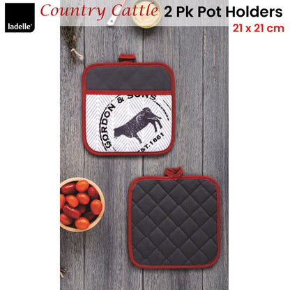 Ladelle Country Cattle Set of 2 Pot Holders 21 x 21 cm V442-LDE-OVENM-COUNTRYCATTLE2POTHOLDER-GREY-SQ