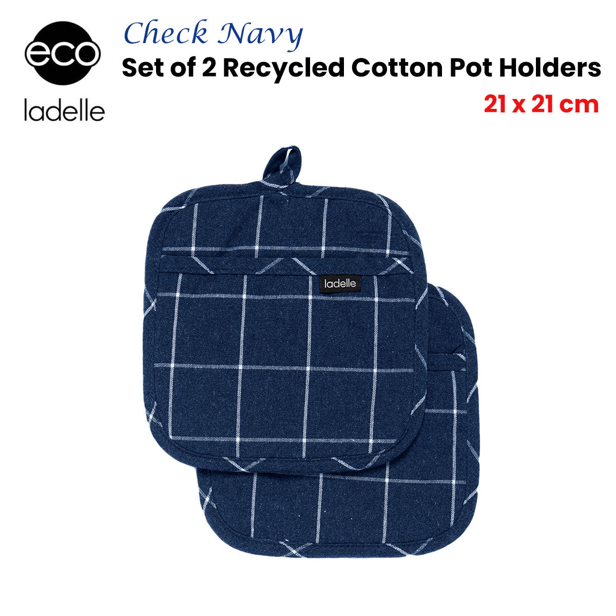 Ladelle Eco Check Navy Set of 2 Pot Holders 21 x 21 cm V442-LDE-OVENM-ECOCHECKSETOF2POTHOLDER-NAVY-RE