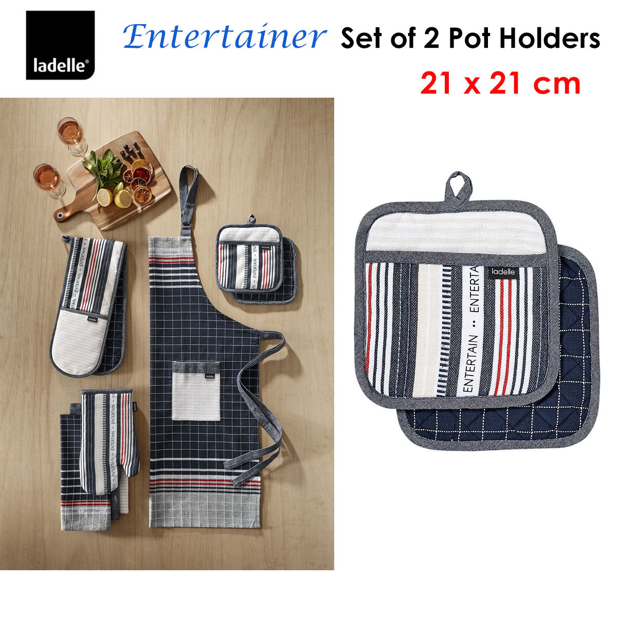 Ladelle Entertainer Charcoal Set of 2 Pot Holders 21 x 21 cm V442-LDE-OVENM-ENTERTAINER2POTHOL-CHARCOAL-SQ