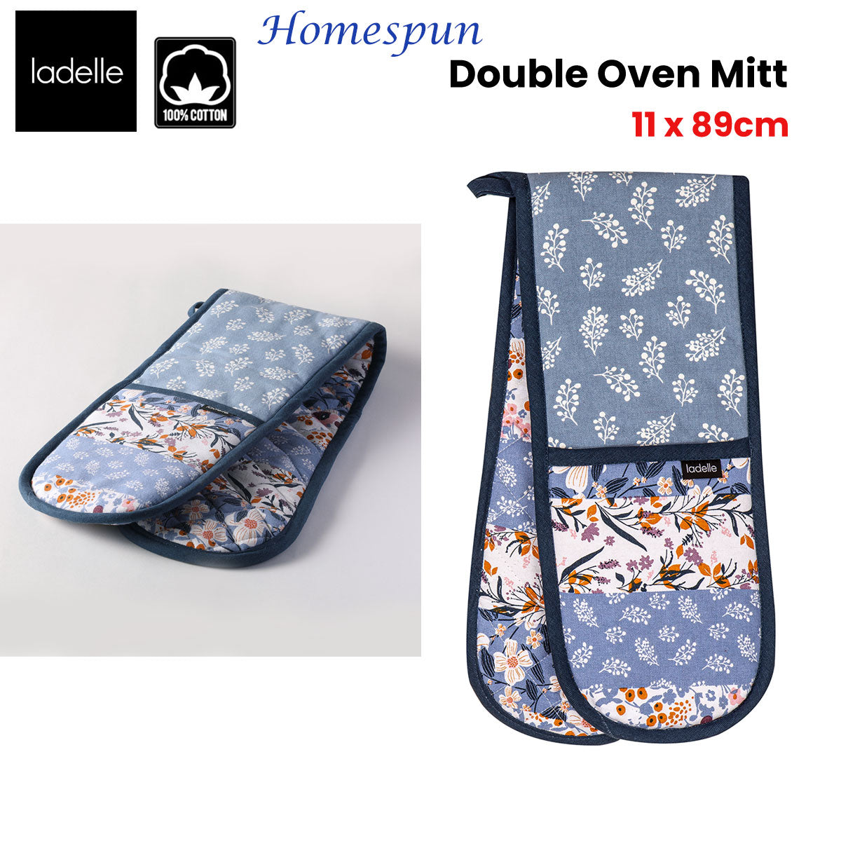 Ladelle Homespun Double Oven Mitt 17 x 89 cm V442-LDE-OVENM-HOMESPUNDOUBLE-BLUE-SH