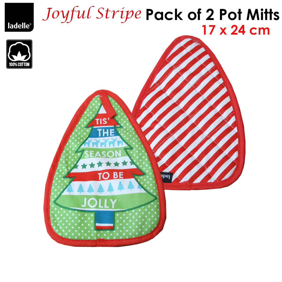 Ladelle Joyful Stripe Red Set of 2 Pot Mitts 17 x 24 cm V442-LDE-OVENM-JOYFULSTRIPE2POTMITTS-RED-SH