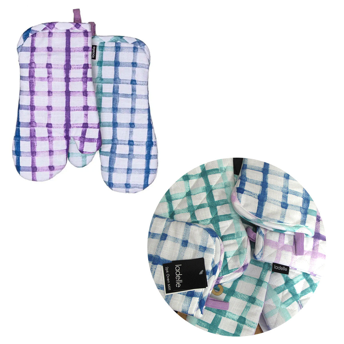 Ladelle Tri-colour Trinny Random Pattern/Colour Reversible Set of 2 Oven Mitts 18 x 33 cm V442-LDE-OVENM-TRINNYSETOF2-LAVENDER-SH