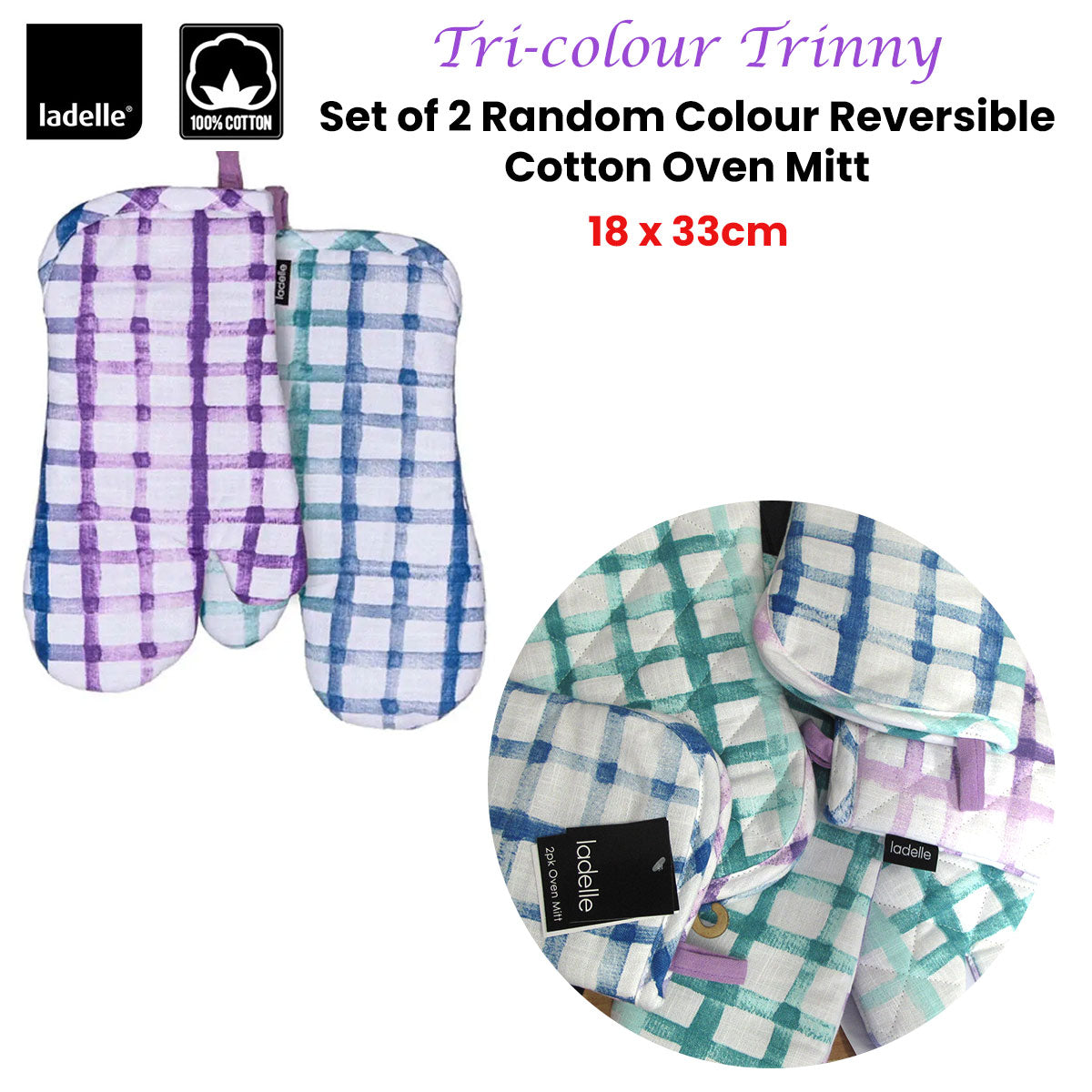 Ladelle Tri-colour Trinny Random Pattern/Colour Reversible Set of 2 Oven Mitts 18 x 33 cm V442-LDE-OVENM-TRINNYSETOF2-LAVENDER-SH