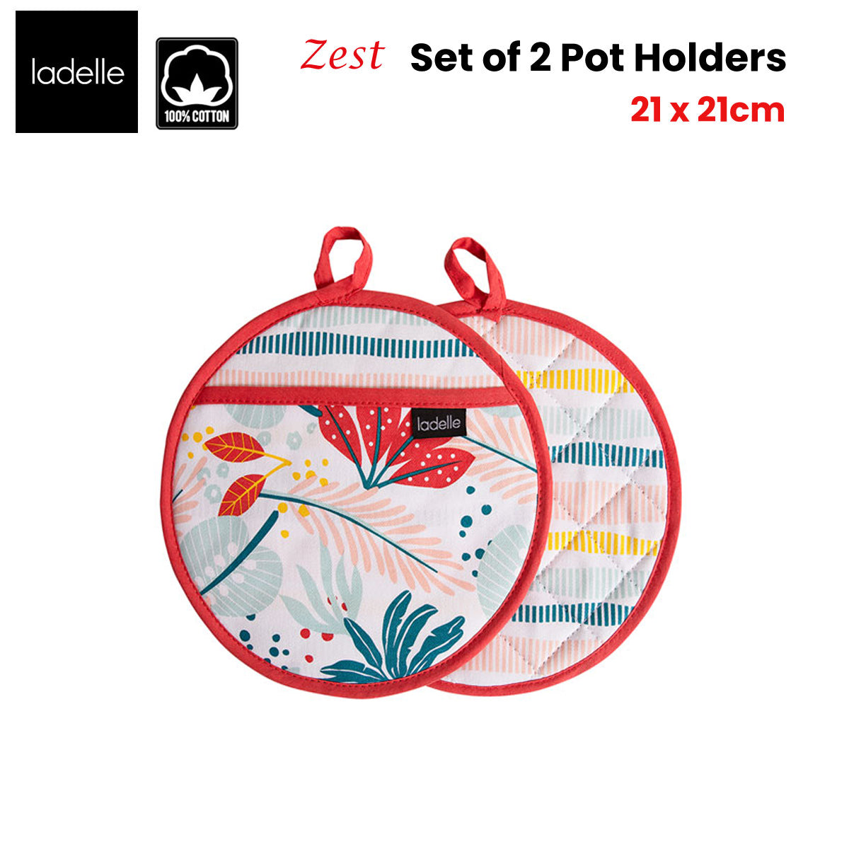 Ladelle Zest Set of 2 Pot Holders 21 x 21 cm V442-LDE-OVENM-ZEST2POTHOLDER-MULTI-RD