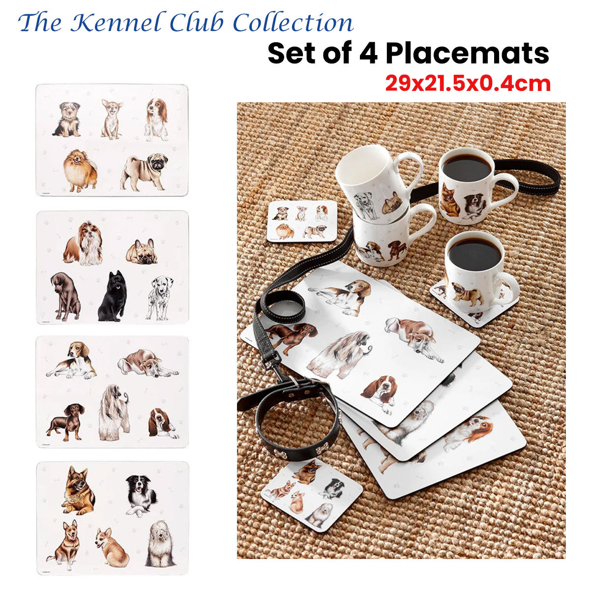 Set of 4 Kennel Club Table Placemats 29x21x0.4 cm V442-LDE-TABLEPLACEMAT-KENNELCLUB-WHITE-RE