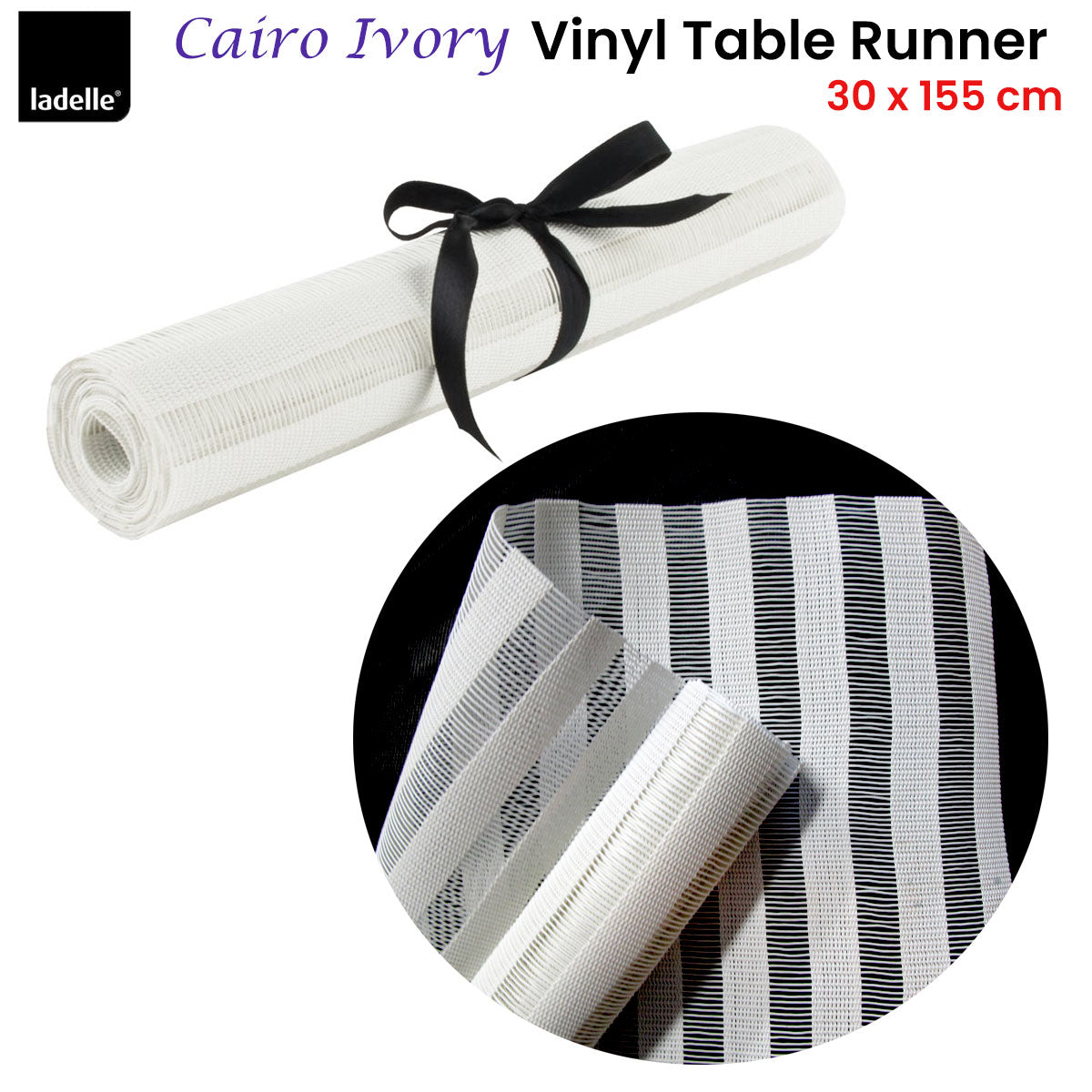 Ladelle Cairo Ivory Vinyl Table Runner 30 x 155 cm V442-LDE-TABLER-CAIRO-IVORY-RE