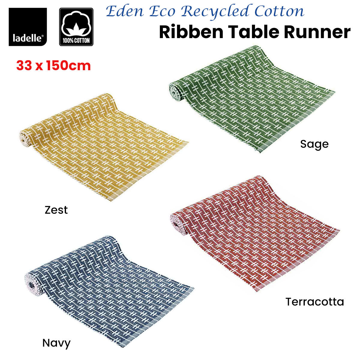 Ladelle Eden Ribbed Eco Recycled Cotton Table Runner 33 x 150 cm Terracotta V442-LDE-TABLER-ECOEDEN-TERRACOTTA-RE