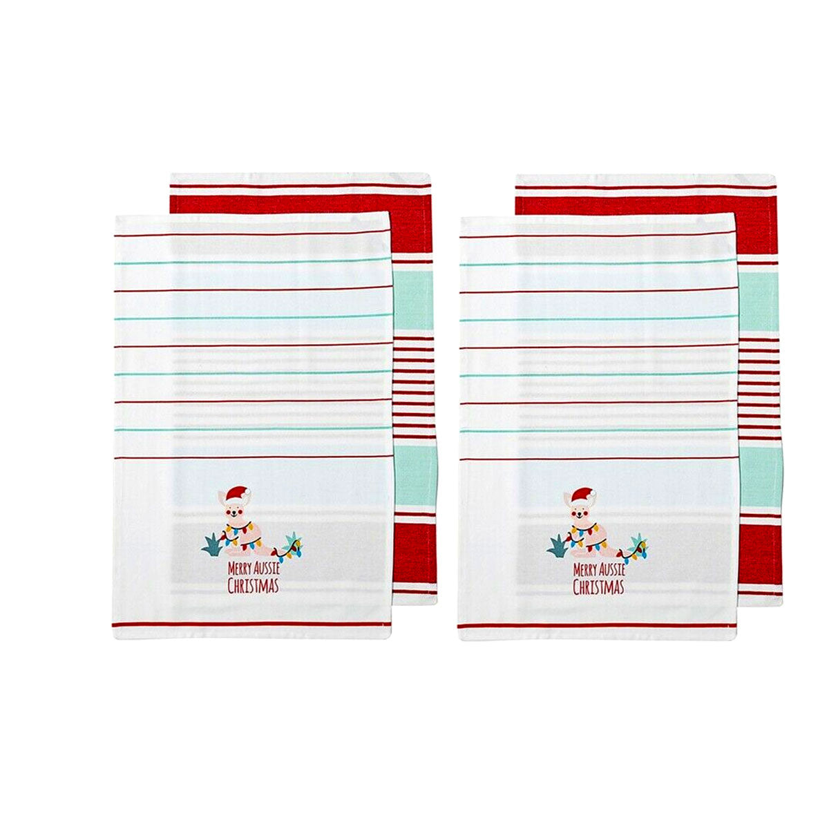 Ladelle Australiana Aussie Animal Kangaroo Christmas Set of 4 Cotton Kitchen Towels V442-LDE-TEAT-AUSSIEKANGAROOSETOF4-WHITE-RE