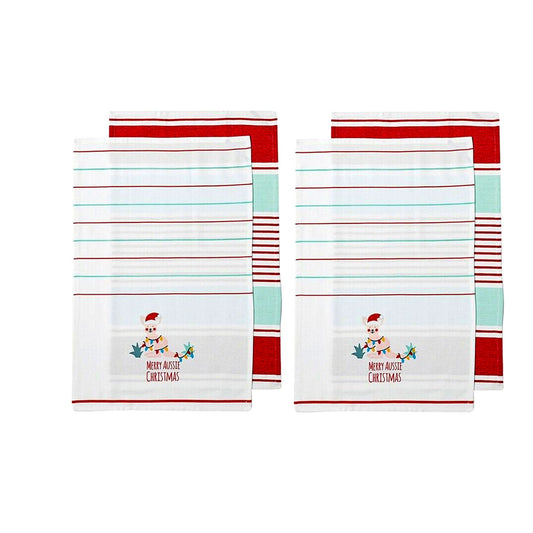 Ladelle Australiana Aussie Animal Kangaroo Christmas Set of 4 Cotton Kitchen Towels V442-LDE-TEAT-AUSSIEKANGAROOSETOF4-WHITE-RE
