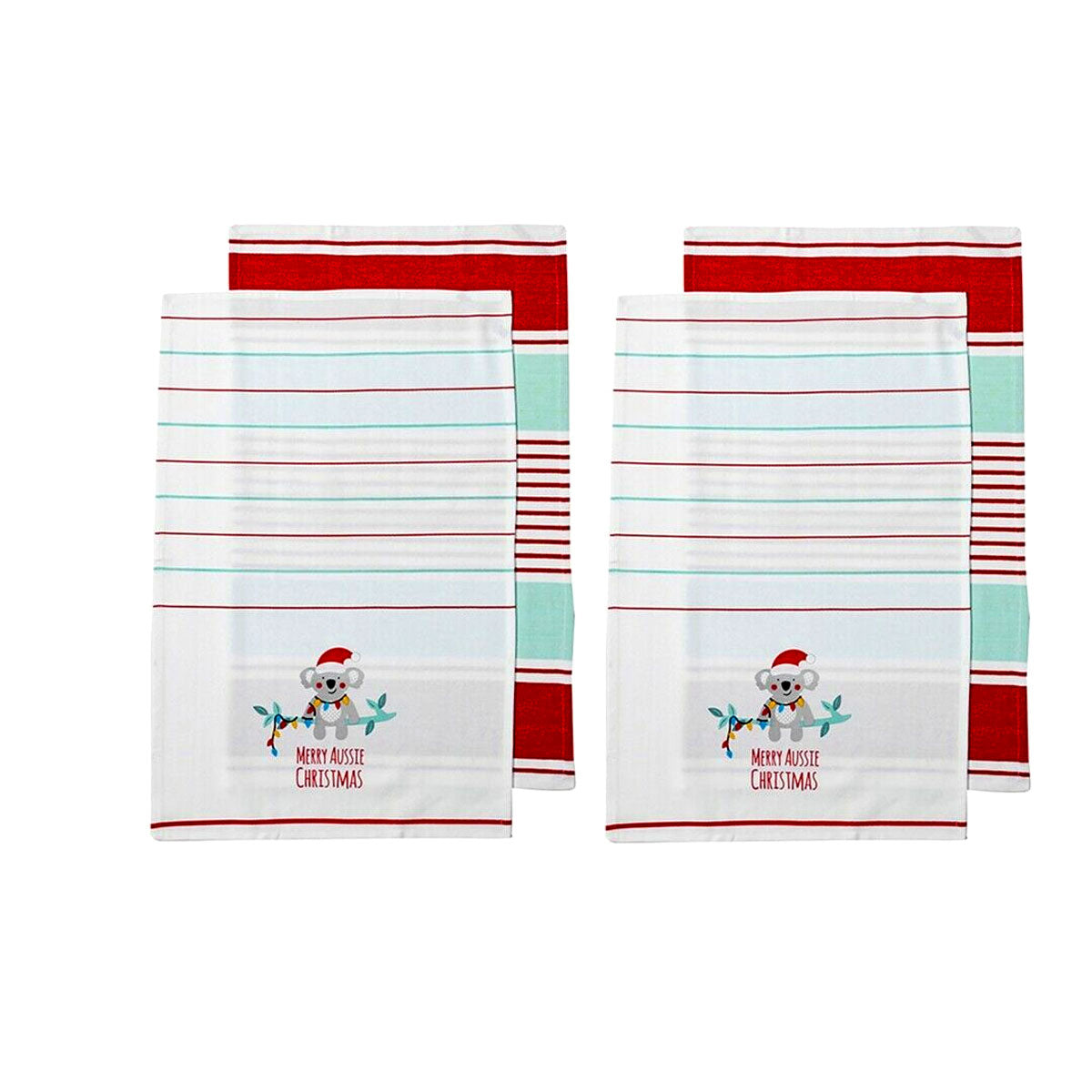 Ladelle Australiana Aussie Animal Koala Christmas Set of 4 Cotton Kitchen Towels V442-LDE-TEAT-AUSSIEKOALASETOF4-WHITE-RE