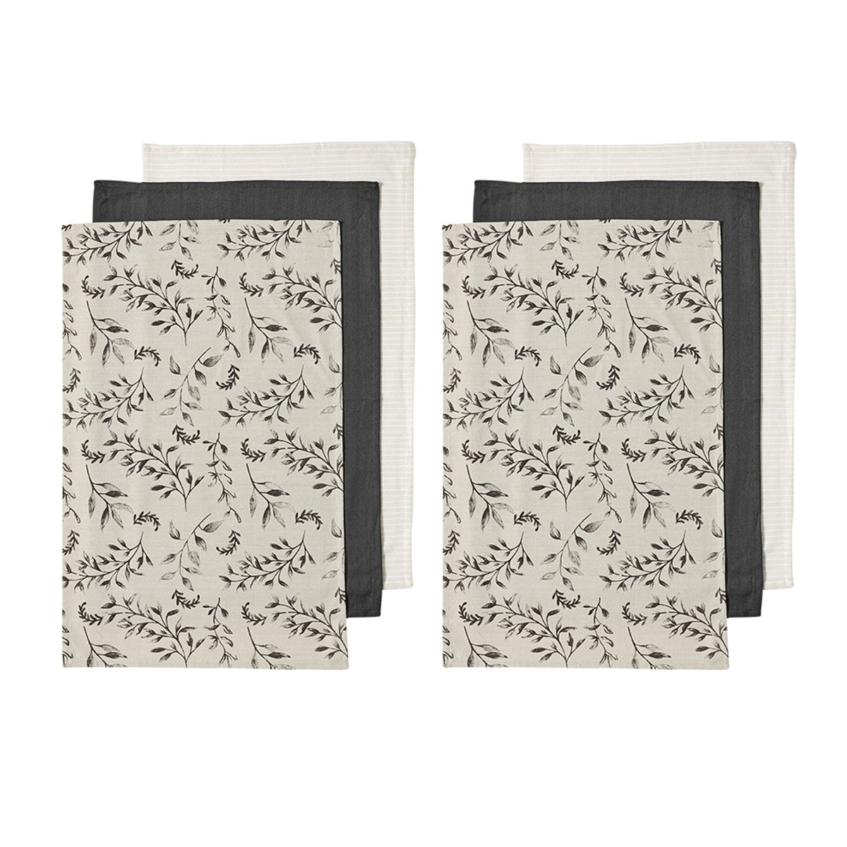 Ladelle Grown Ivy Set of 6 Cotton Kitchen Towels Charcoal V442-LDE-TEAT-GROWNIVYSETOF6-CHARCOAL-RE