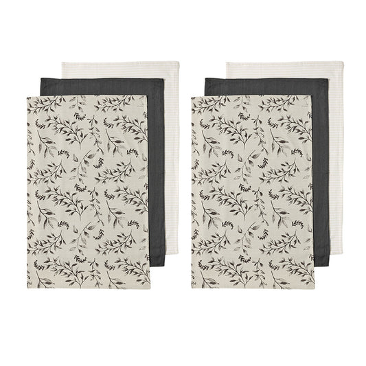 Ladelle Grown Ivy Set of 6 Cotton Kitchen Towels Charcoal V442-LDE-TEAT-GROWNIVYSETOF6-CHARCOAL-RE