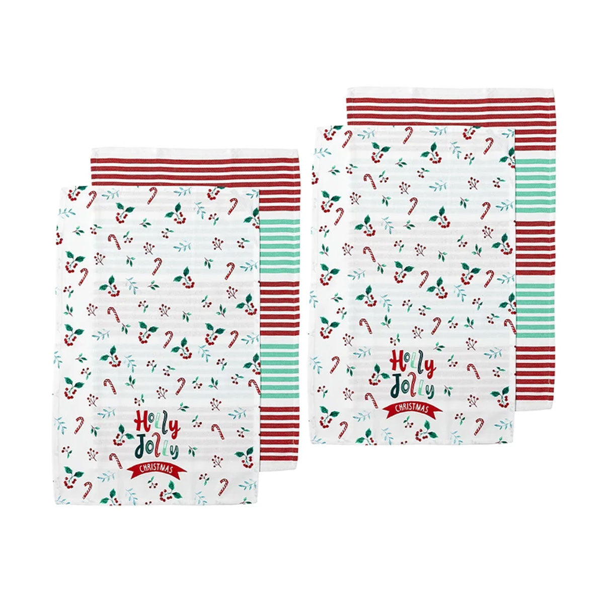 Ladelle Joyful Holly Jolly Christmas Set of 4 Cotton Kitchen Towels 45 x 70 cm V442-LDE-TEAT-HOLLYJOLLYSETOF4-RED-RE