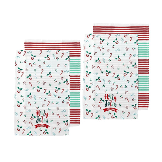 Ladelle Joyful Holly Jolly Christmas Set of 4 Cotton Kitchen Towels 45 x 70 cm V442-LDE-TEAT-HOLLYJOLLYSETOF4-RED-RE