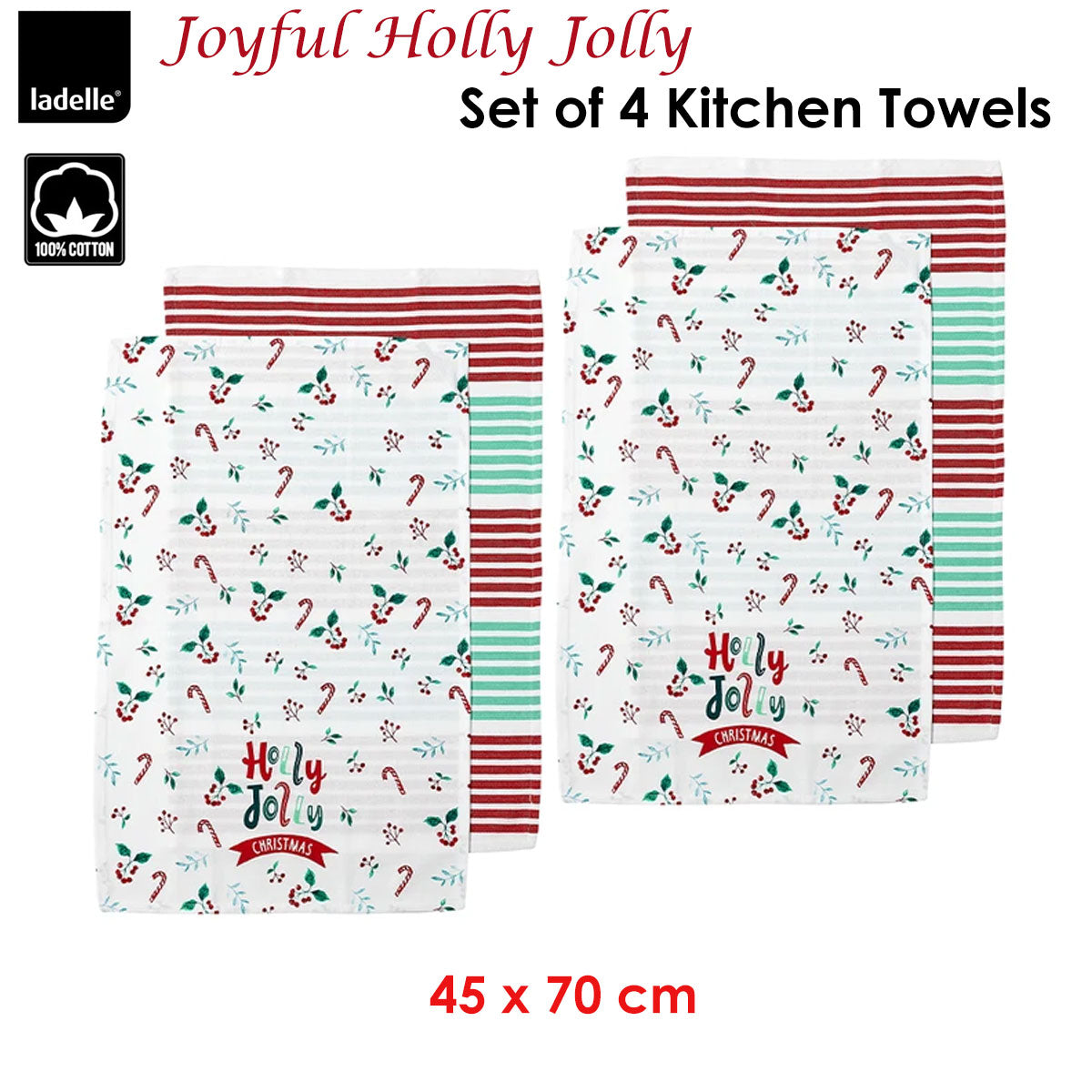 Ladelle Joyful Holly Jolly Christmas Set of 4 Cotton Kitchen Towels 45 x 70 cm V442-LDE-TEAT-HOLLYJOLLYSETOF4-RED-RE