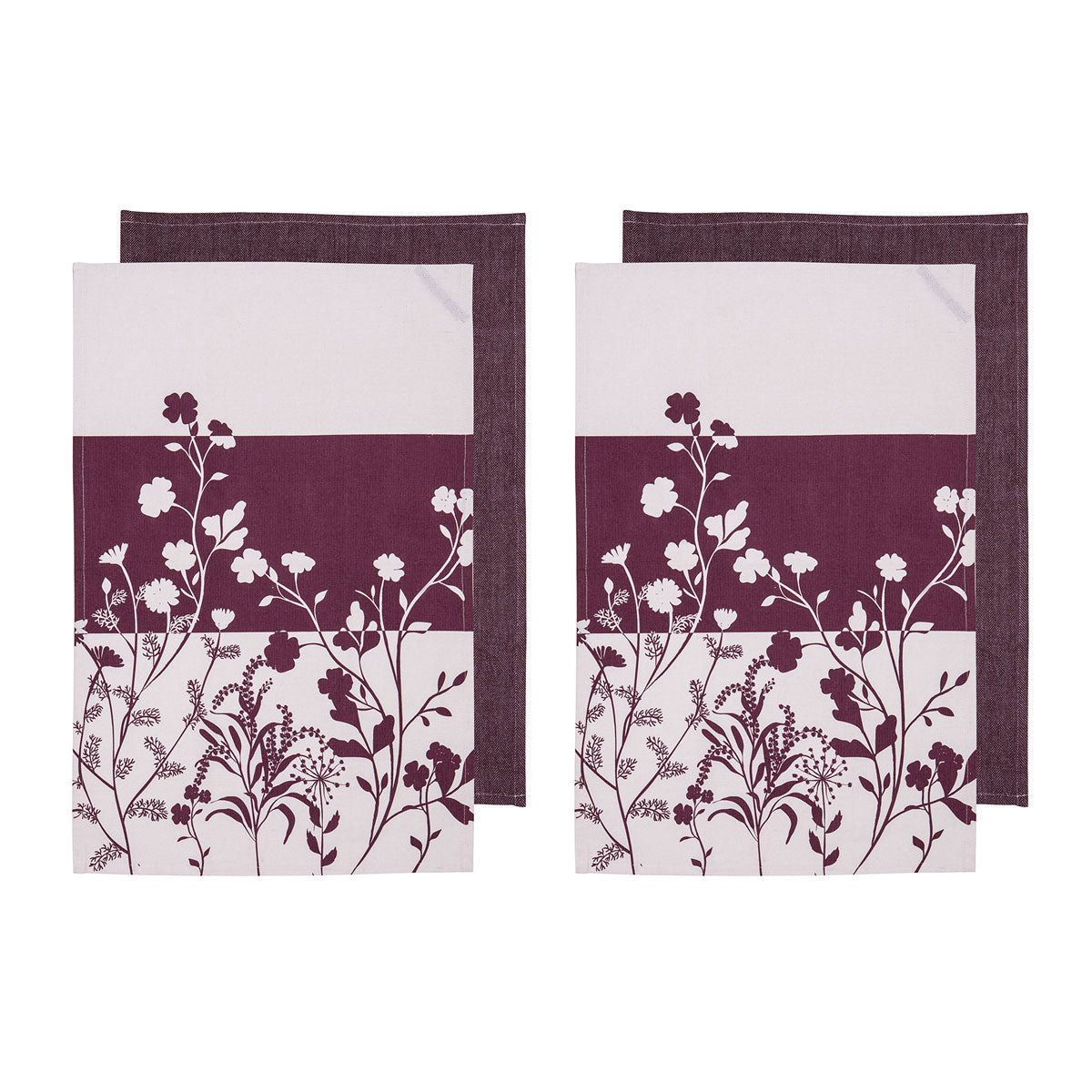 Ladelle Set of 4 Homespun Flower Cotton Kitchen Tea Towels 50 x 70 cm Mulberry V442-LDE-TEAT-HOMESPUNFLOWERSETOF4-MULBERRY-RE