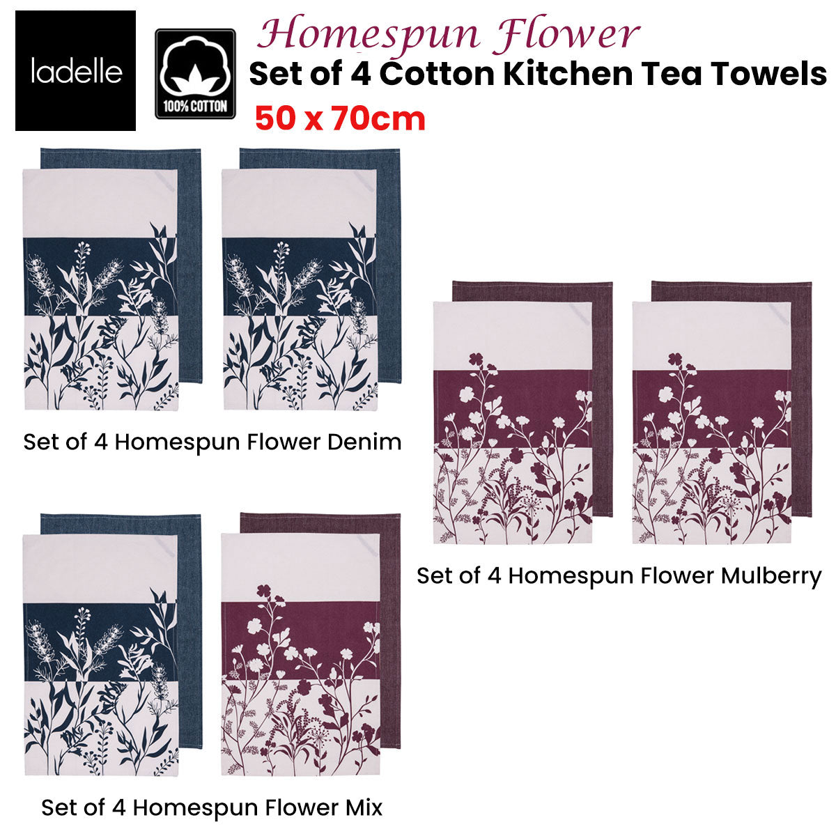 Ladelle Set of 4 Homespun Flower Cotton Kitchen Tea Towels 50 x 70 cm Mulberry V442-LDE-TEAT-HOMESPUNFLOWERSETOF4-MULBERRY-RE