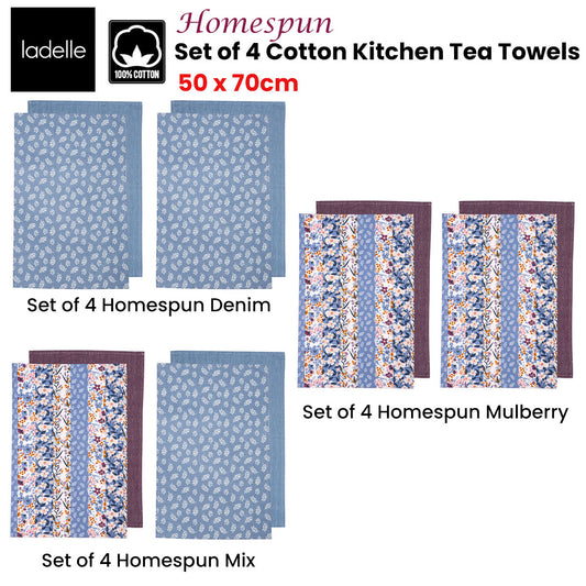 Ladelle Set of 4 Homespun Cotton Kitchen Tea Towels 50 x 70 cm Denim V442-LDE-TEAT-HOMESPUNSETOF4-DENIM-RE