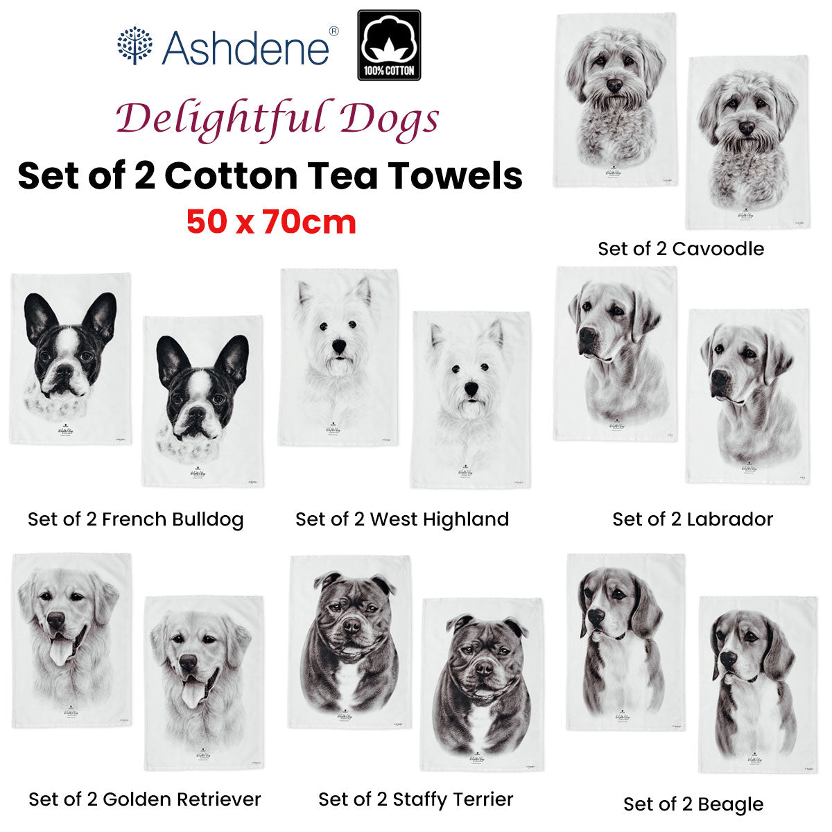 Set of 2 Delightful Dogs Cotton Kitchen Tea Towels 50 x 70 cm Labrador V442-LDE-TEAT-LABRADORSETOF2-WHITE-RE