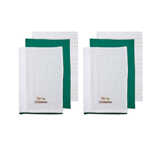 Ladelle Joyful Merry Christmas Set of 6 Cotton Kitchen Towels Green V442-LDE-TEAT-MERRYCHRISTMASSETOF6-GREEN-RE