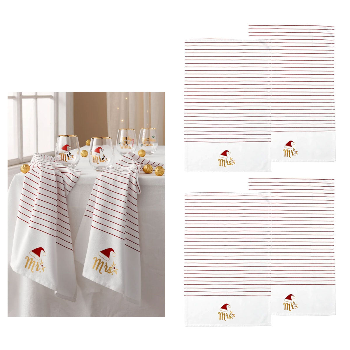 Ladelle Mr & Mrs Christmas Hat Set of 4 Cotton Kitchen Towels 45 x 70 cm V442-LDE-TEAT-MRMRSSETOF4-WHITE-RE