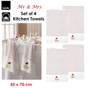 Ladelle Mr & Mrs Christmas Hat Set of 4 Cotton Kitchen Towels 45 x 70 cm V442-LDE-TEAT-MRMRSSETOF4-WHITE-RE