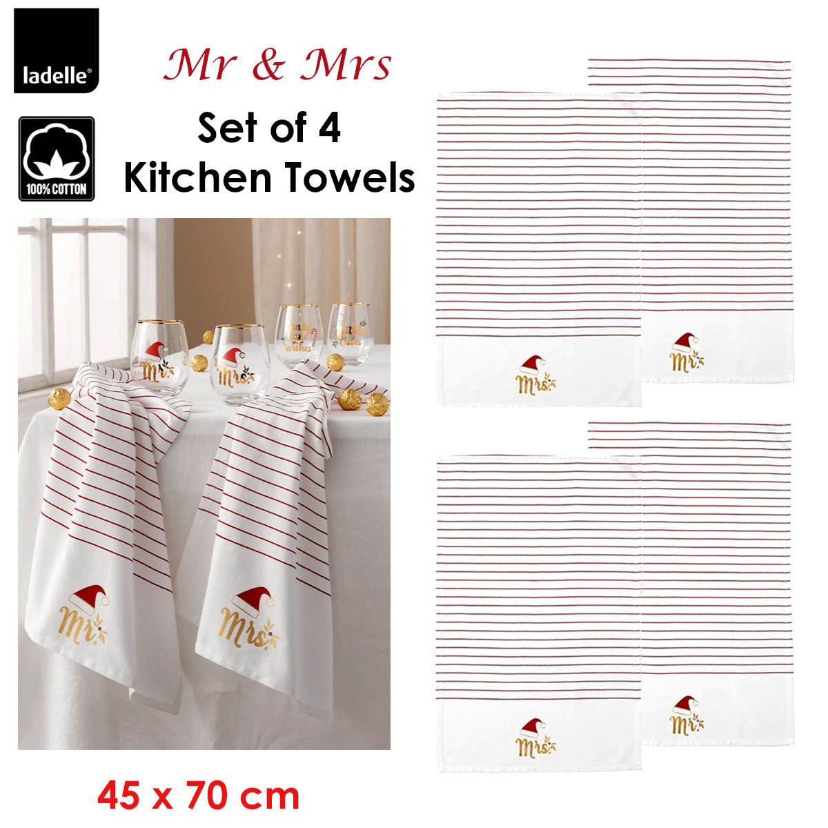 Ladelle Mr & Mrs Christmas Hat Set of 4 Cotton Kitchen Towels 45 x 70 cm V442-LDE-TEAT-MRMRSSETOF4-WHITE-RE