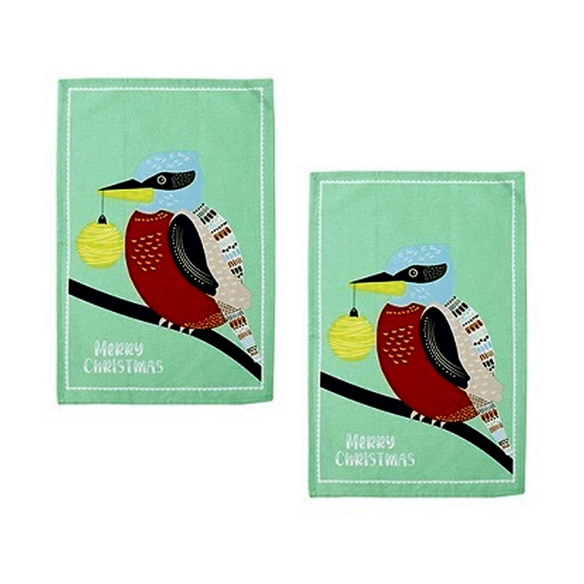 Ladelle Australiana Bird Drawing Set of 2 Cotton Kitchen Towels Kookaburras V442-LDE-TEAT-OZSETOF2KOOKABURRAS-GREEN-RE