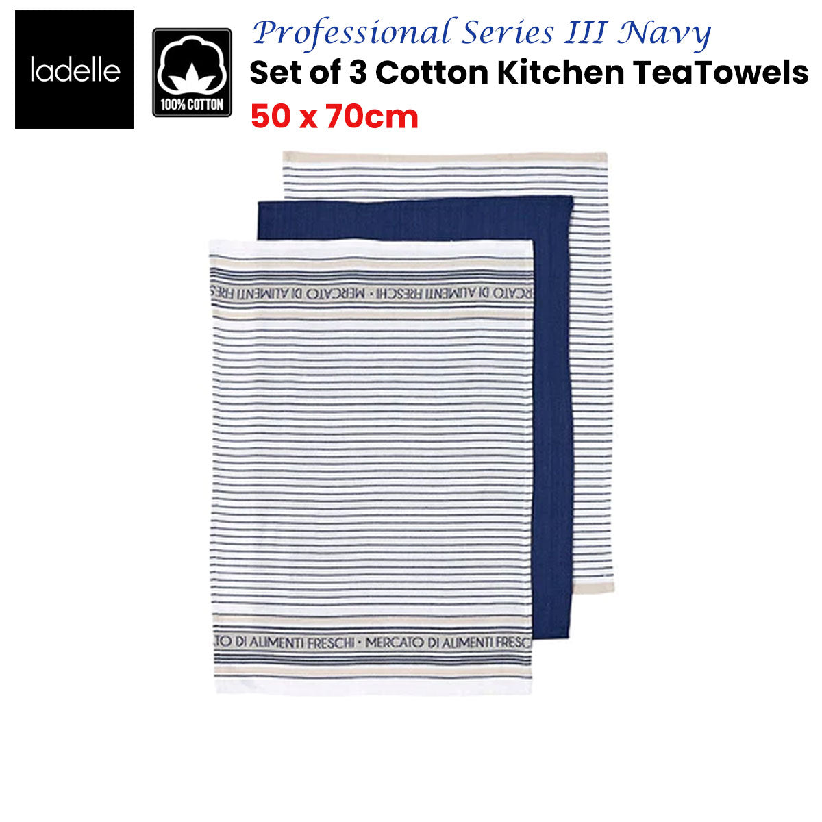 Ladelle Set of 3 Professional Series III Cotton Kitchen Tea Towels Navy 50 x 70 cm V442-LDE-TEAT-PROSERSETOF3-NAVY-RE