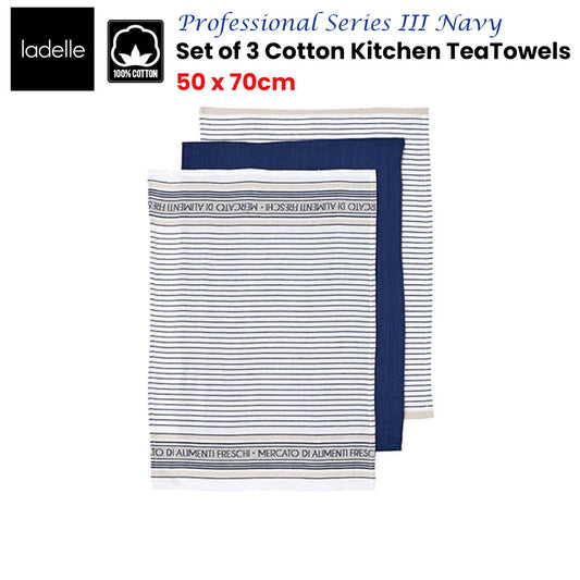 Ladelle Set of 3 Professional Series III Cotton Kitchen Tea Towels Navy 50 x 70 cm V442-LDE-TEAT-PROSERSETOF3-NAVY-RE