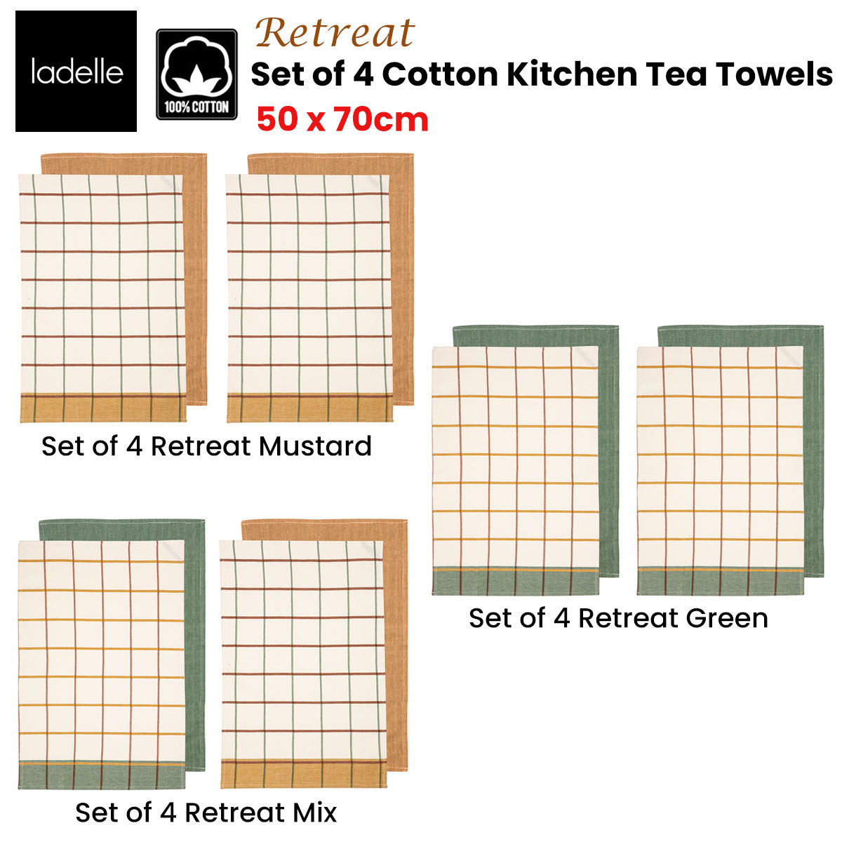 Ladelle Set of 4 Retreat Cotton Kitchen Tea Towels 50 x 70 cm Mix V442-LDE-TEAT-RETREATSETOF4-MIX-RE