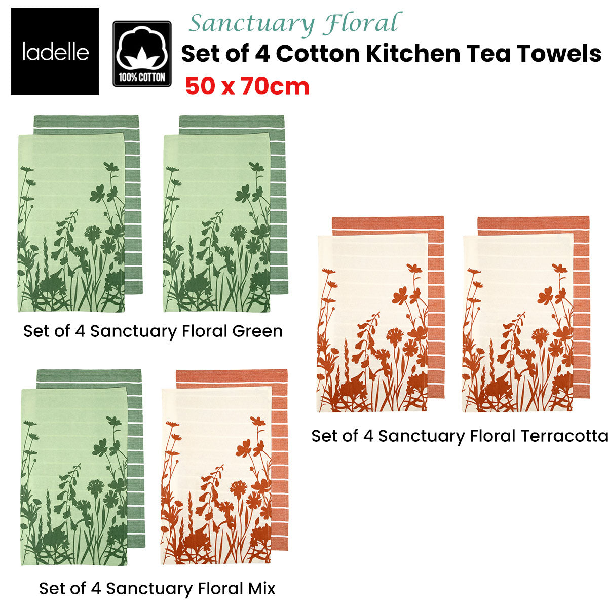 Ladelle Set of 4 Sanctuary Floral Cotton Kitchen Tea Towels 50 x 70 cm Terracotta V442-LDE-TEAT-SANCTUARYSETOF4-TERRACOTTA-RE