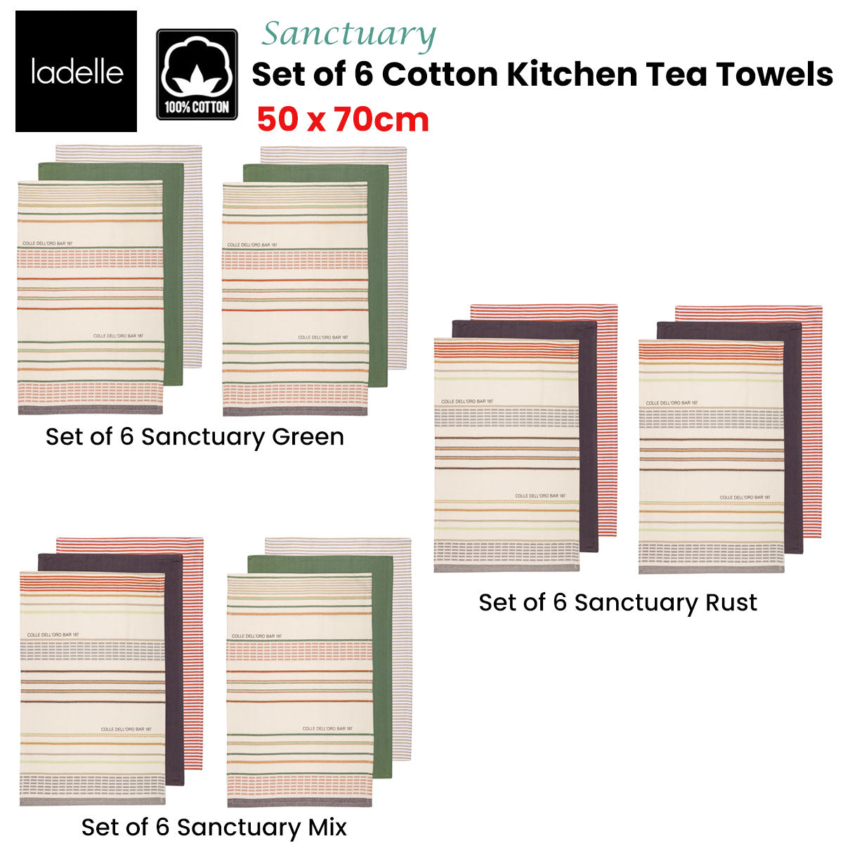 Ladelle Set of 6 Sanctuary Cotton Kitchen Tea Towels 50 x 70 cm Rust V442-LDE-TEAT-SANCTUARYSETOF6-RUST-RE
