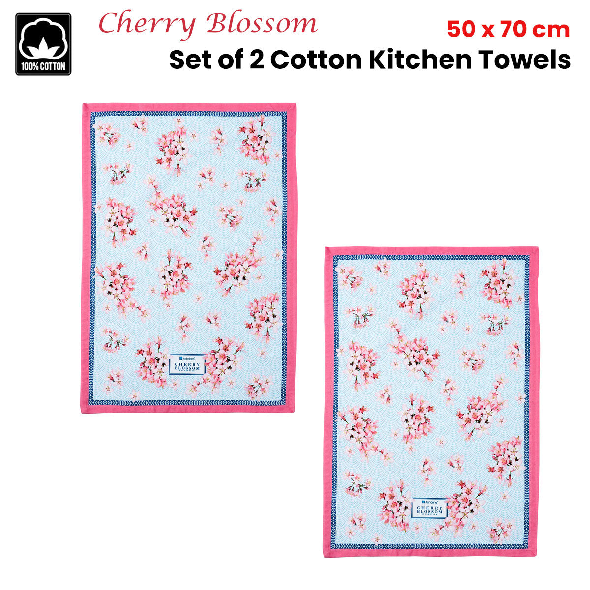 Ashdene Set of 2 Cherry Blossom Cotton Kitchen Tea Towels 50 x 70 cm V442-LDE-TEAT-SETOF2CHERRYBLOSSOM-PINK-RE