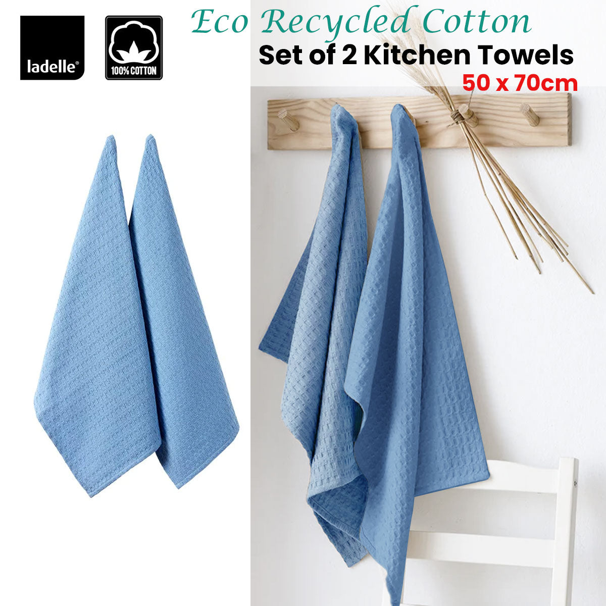 Ladelle Eco Recycled Cotton Set of 2 Cotton Kitchen Towels Blue 50 x 70 cm V442-LDE-TEAT-SETOF2ECORECYCLED-BLUE-RE