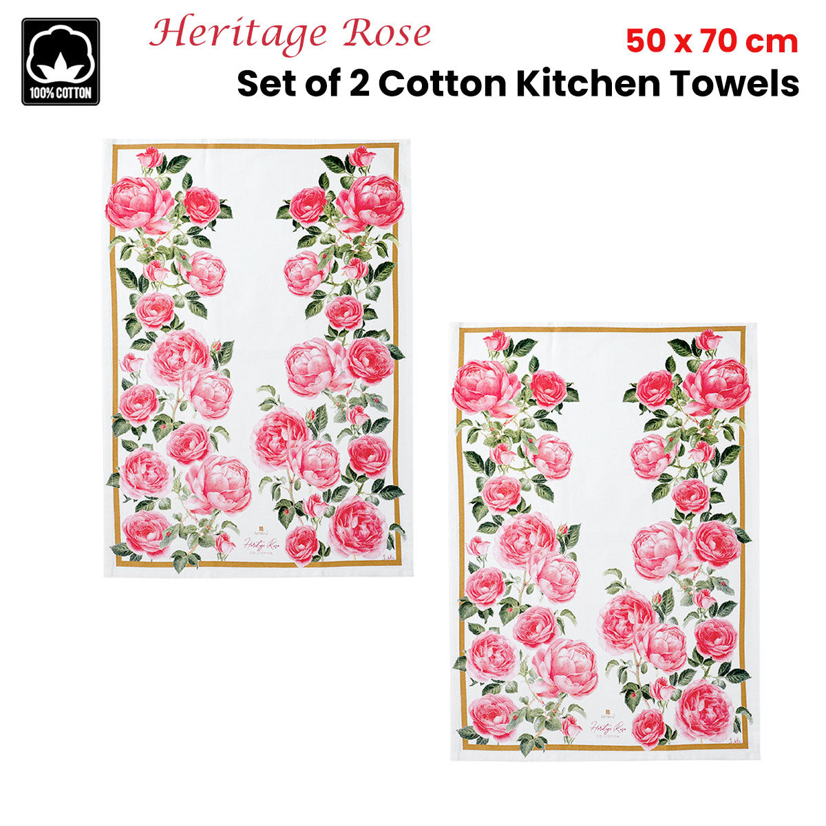 Ashdene Set of 2 Heritage Rose Cotton Kitchen Tea Towels 50 x 70 cm V442-LDE-TEAT-SETOF2HERITAGEROSE-PINK-RE