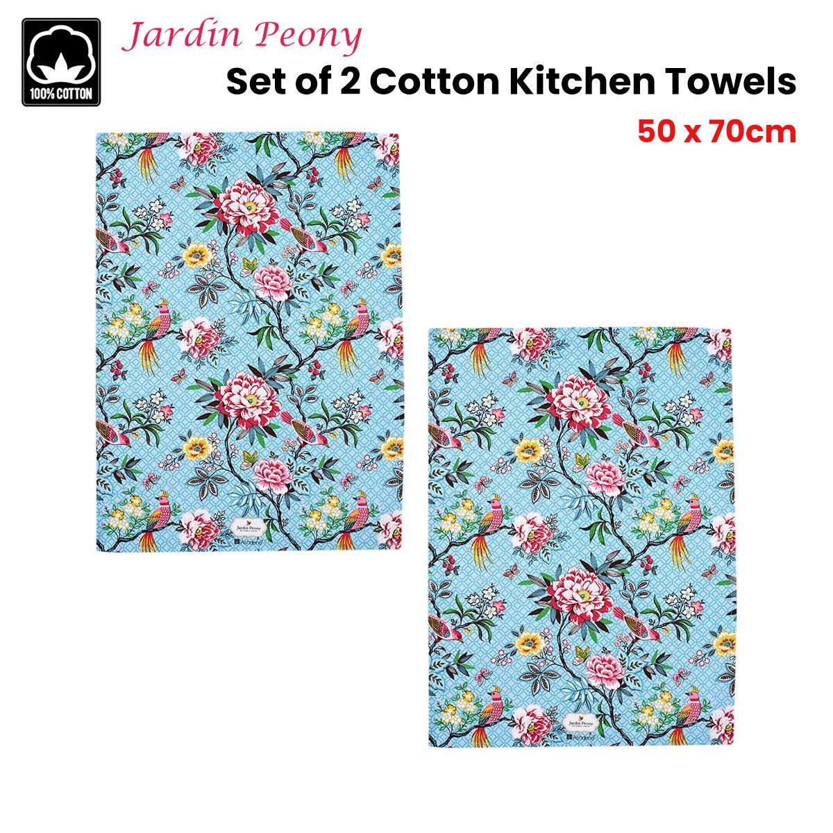 Set of 2 Jardin Peony Cotton Kitchen Tea Towels 50 x 70 cm V442-LDE-TEAT-SETOF2JARDINPEONY-MULTI-RE