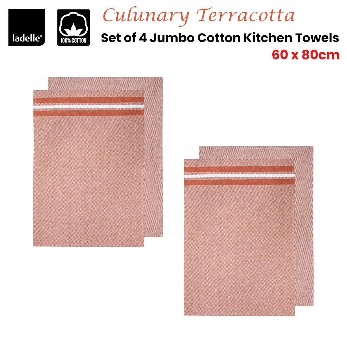 Ladelle Culinary Terracotta Cotton Set of 4 Jumbo Kitchen Towels 60 x 80 cm V442-LDE-TEAT-SETOF4CLUNARY-TERRACOTTA-RE