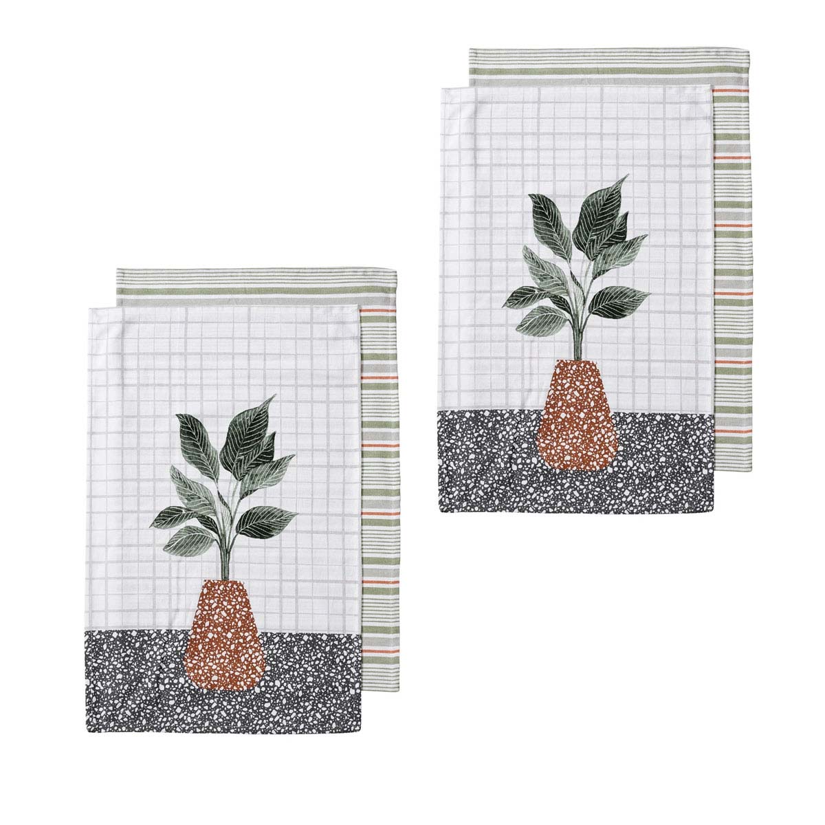 Ladelle Revive Plants Set of 4 Cotton Kitchen Towels Brown Pot V442-LDE-TEAT-SETOF4REVIVEPLANTS-BROWN-RE