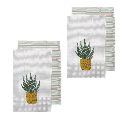 Ladelle Revive Plants Set of 4 Cotton Kitchen Towels Yellow Pot V442-LDE-TEAT-SETOF4REVIVEPLANTS-YELLOW-RE