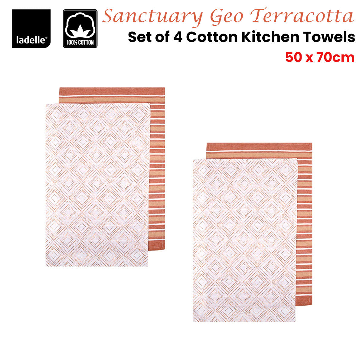 Ladelle Sanctuary Geo Terracotta Set of 4 Cotton Kitchen Towels 45 x 70 cm V442-LDE-TEAT-SETOF4SANCTUARYGEO-TERRAC-RE