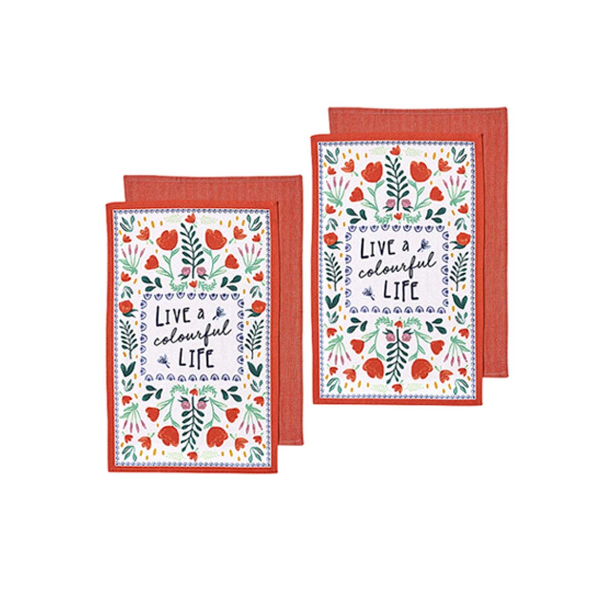 Ladelle Villa Set of 4 Cotton Kitchen Towels Red V442-LDE-TEAT-SETOF4VILLA-RED-RE