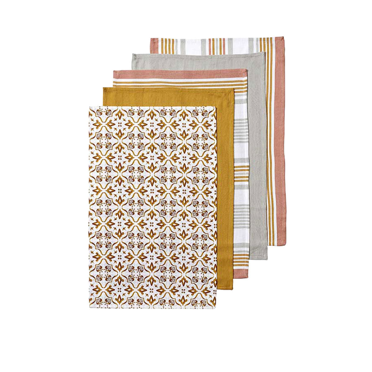 Ladelle Tile Set of 5 Cotton Kitchen Towels Gold V442-LDE-TEAT-TILESETOF5-GOLD-RE