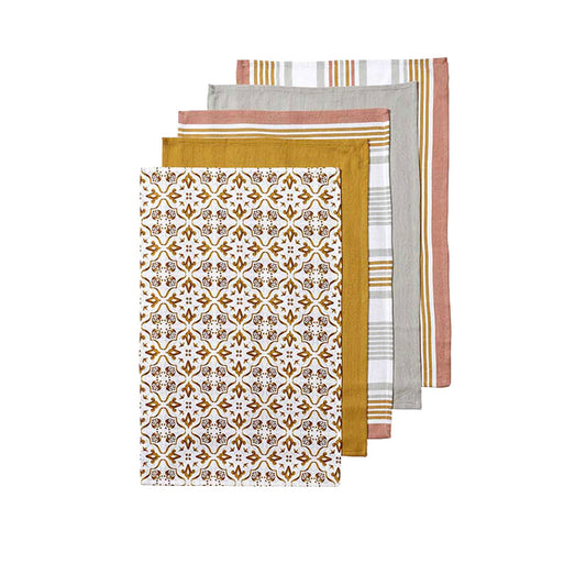 Ladelle Tile Set of 5 Cotton Kitchen Towels Gold V442-LDE-TEAT-TILESETOF5-GOLD-RE